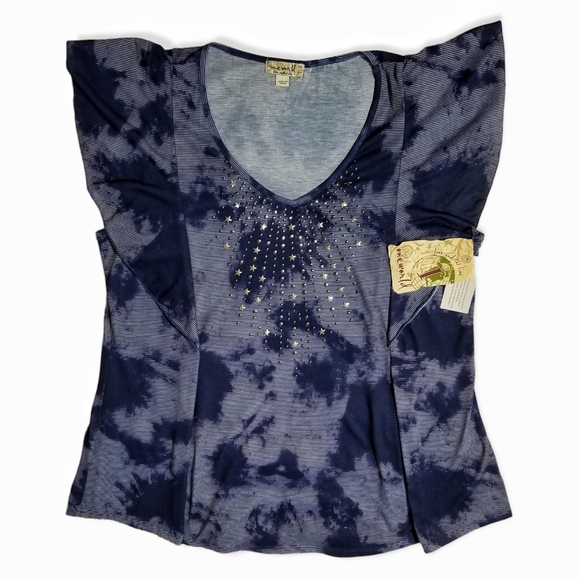 NWT One World Blue Shibori Tie-Dye Top Plus Size 1X Embellished Butterfly Sleeve - Picture 7 of 10